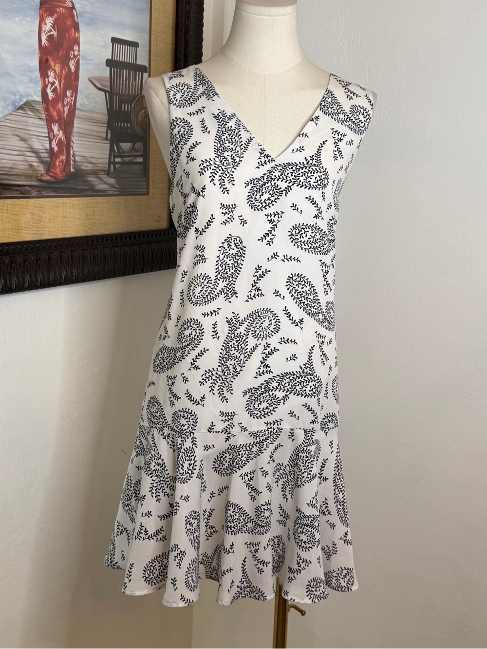 Banana Republic White Black Paisley Sleeveless V-Neck Ruffle Hem Dress
